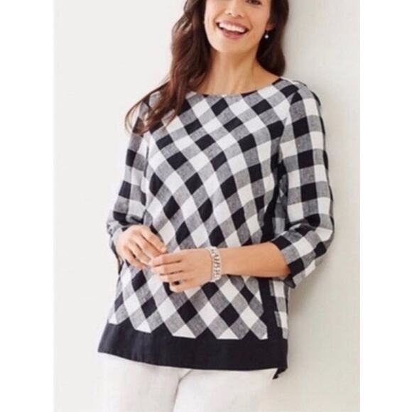 J. Jill Tops - J. Jill Love Linen Pullover Top Womens Large Black Gingham Check 3/4 Sleeve